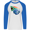 Curled South African Flag Africa Day Football Mens L/S Baseball T-Shirt White/Royal Blue