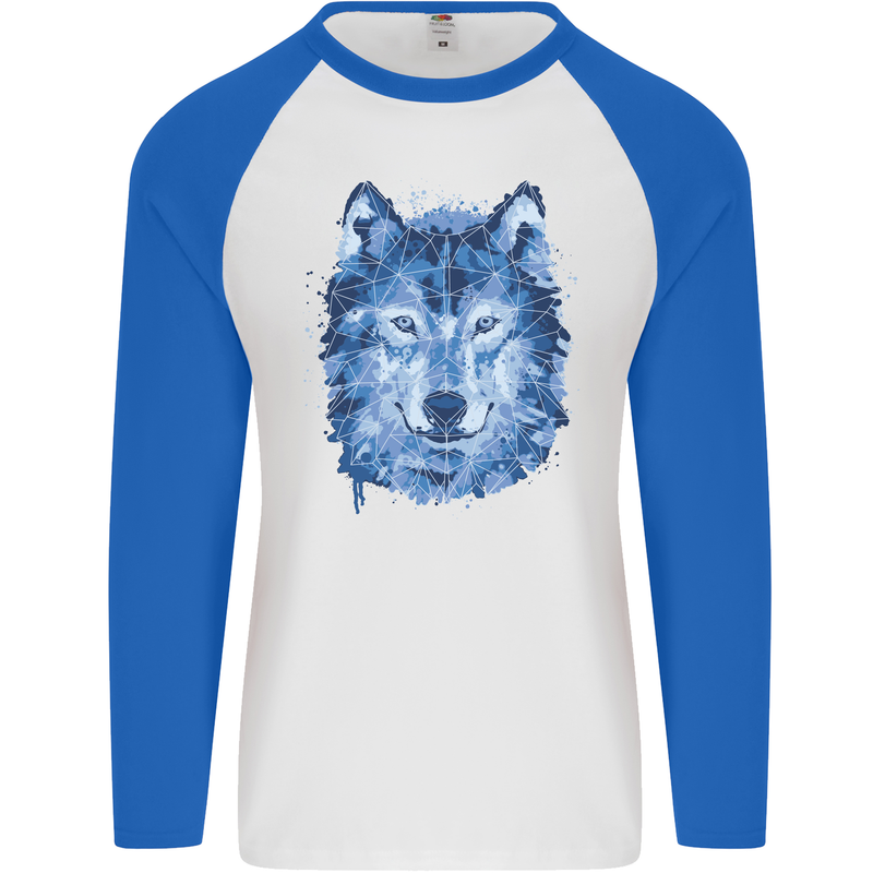 A Polygon Wolf Mens L/S Baseball T-Shirt White/Royal Blue