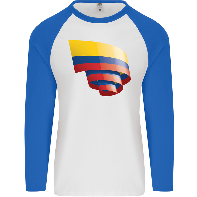 Curled Columbia Flag Columbian Day Football Mens L/S Baseball T-Shirt White/Royal Blue