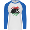 Torn Libya Flag Libyan Day Football Mens L/S Baseball T-Shirt White/Royal Blue