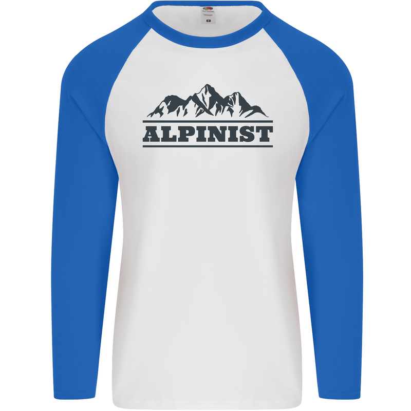 Mountains Alpinist Hiking Climbing Climber Mens L/S Baseball T-Shirt White/Royal Blue