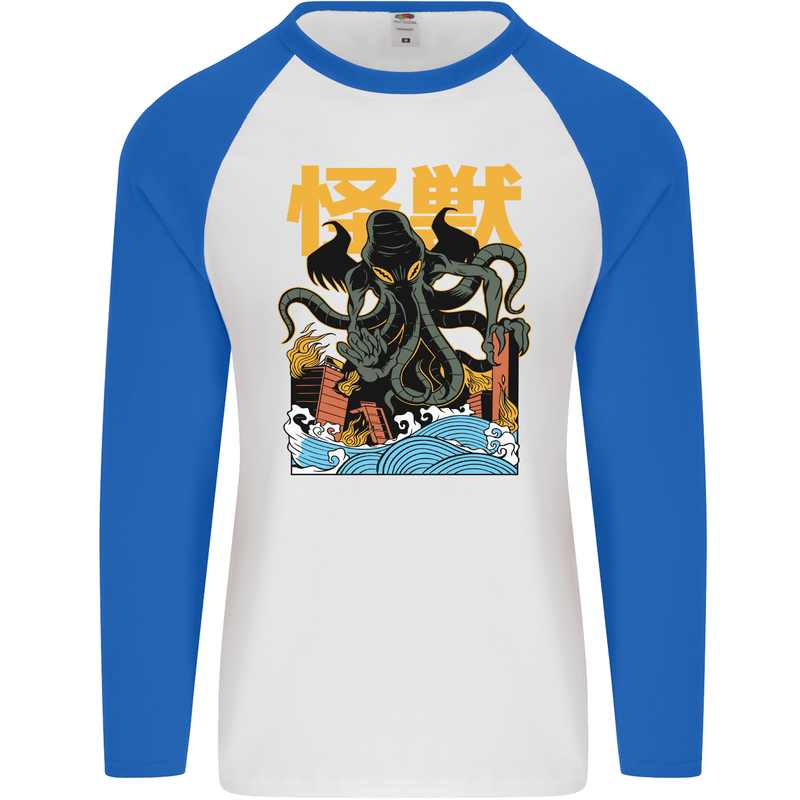 Cthulhu Japanese Anime Kraken Mens L/S Baseball T-Shirt White/Royal Blue