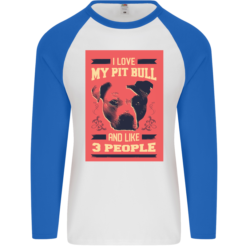 I Love My Pitbull & 3 People Funny Mens L/S Baseball T-Shirt White/Royal Blue