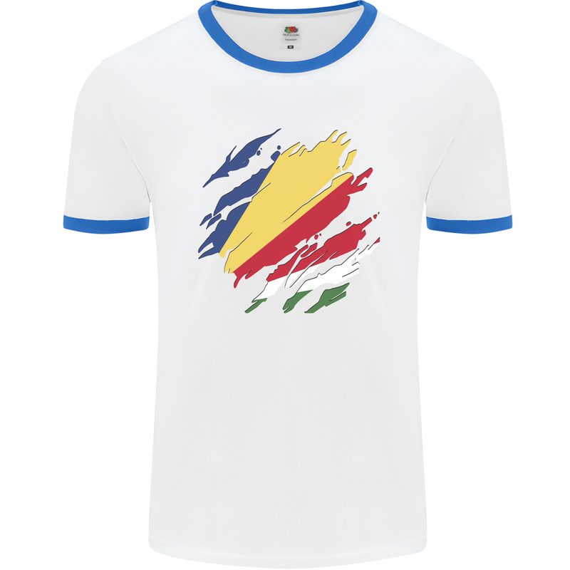 Torn Seychelles Flag Seychellois Day Football Mens Ringer T-Shirt White/Royal Blue