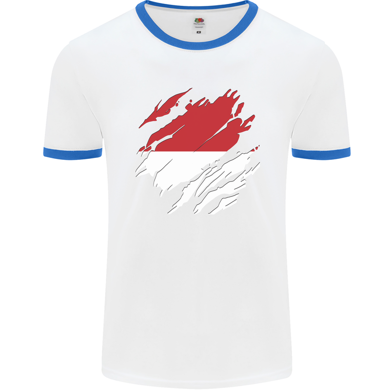 Torn Indonesia Flag Indonesian Day Football Mens Ringer T-Shirt White/Royal Blue