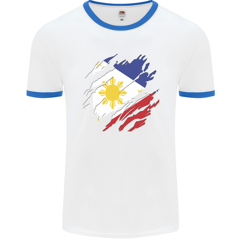 Torn Philippines Flag Philipino Day Football Mens Ringer T-Shirt White/Royal Blue