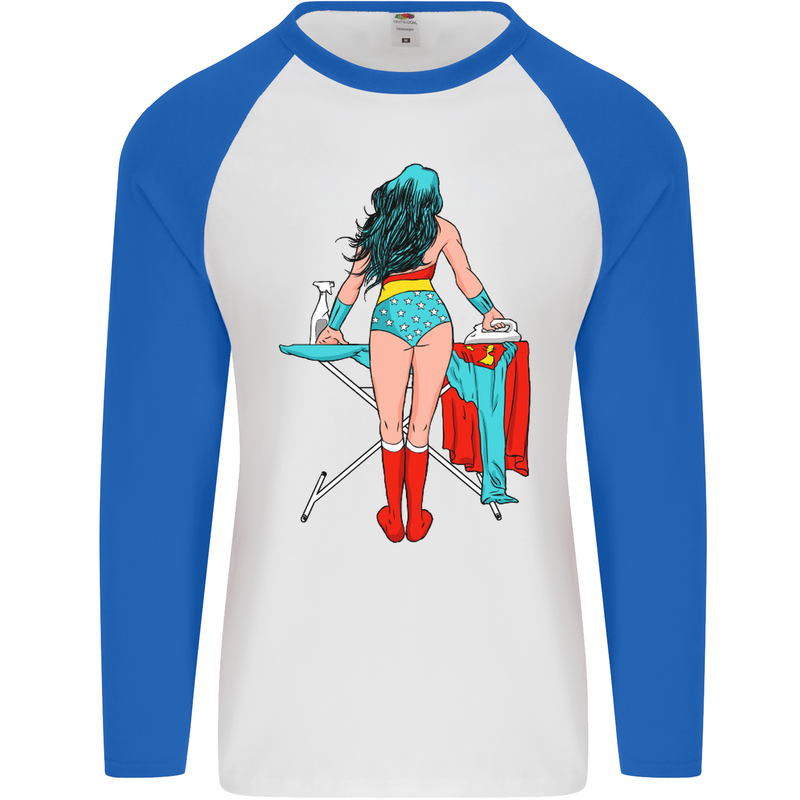 Ironing Superhero Funny Mens L/S Baseball T-Shirt White/Royal Blue