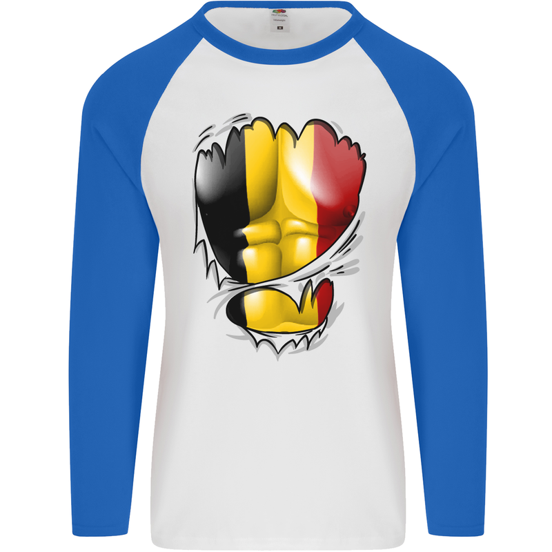 Gym Belgian Flag Ripped Muscles Belgium Mens L/S Baseball T-Shirt White/Royal Blue