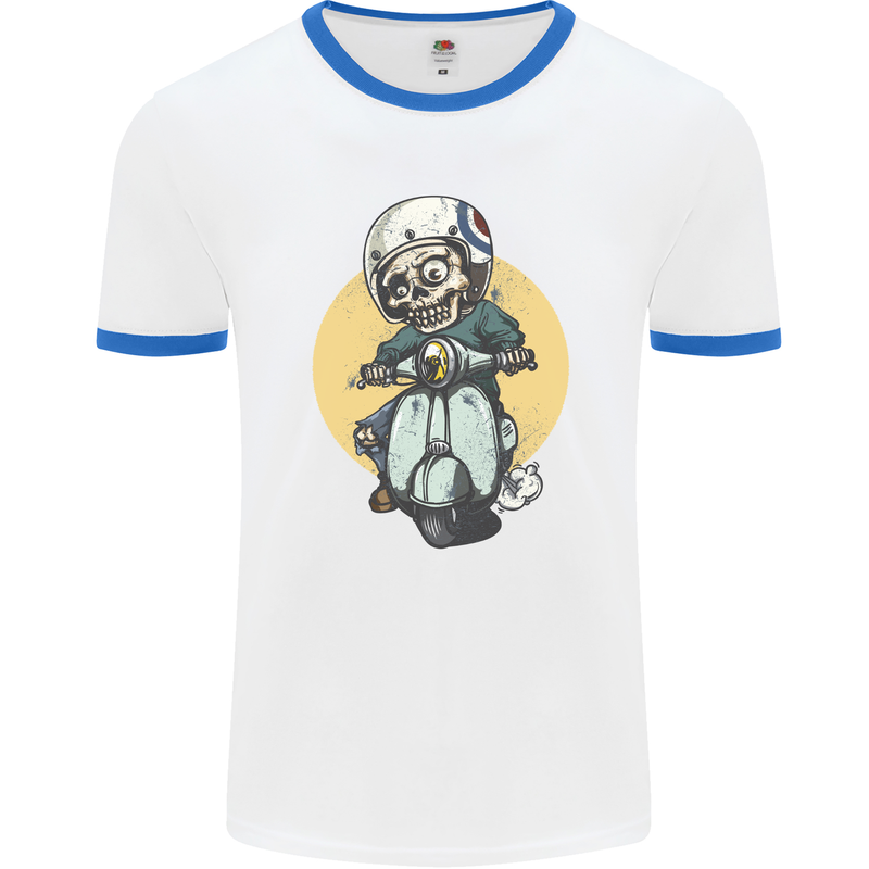 Mod Scooter Moped Skull Mens Ringer T-Shirt White/Royal Blue