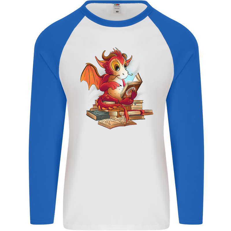 A Book Reading Dragon Bookworm Fantasy Mens L/S Baseball T-Shirt White/Royal Blue