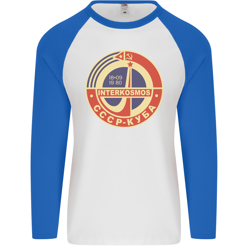 INTERKOSMOS CCCP Logo Soviet Space USSR Mens L/S Baseball T-Shirt White/Royal Blue
