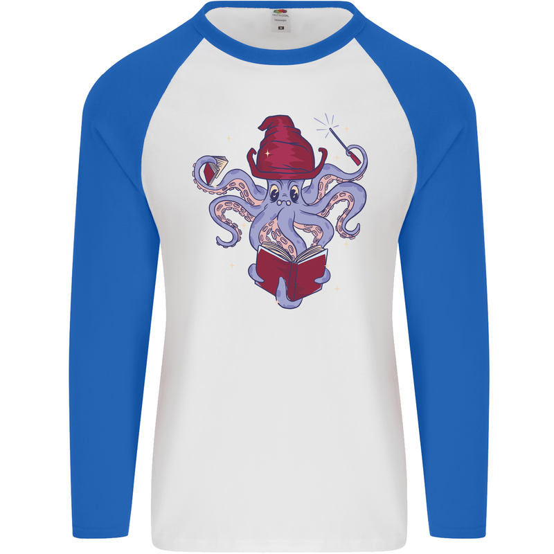 An Octopus Wizard Magic Magician Mens L/S Baseball T-Shirt White/Royal Blue