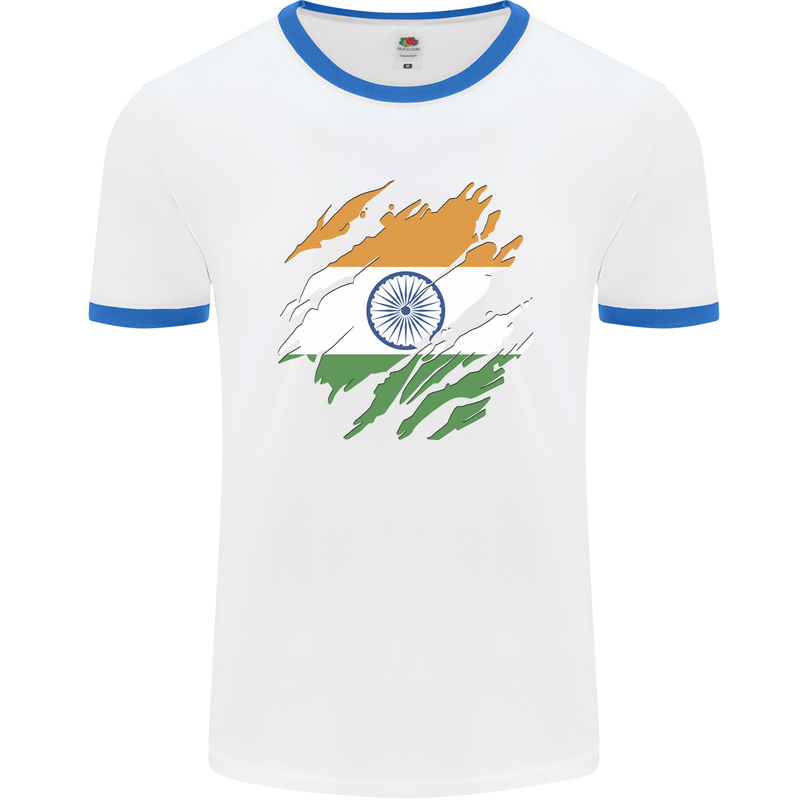 Torn India Flag Indian Day Football Mens Ringer T-Shirt White/Royal Blue