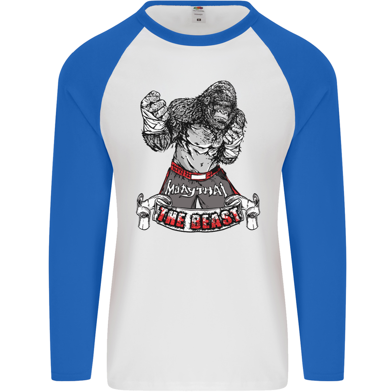 Muay Thai The Beast MMA Mixed Martial Arts Mens L/S Baseball T-Shirt White/Royal Blue