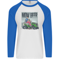 Mow Beer Funny Lawnmower Alcohol Gardening Mens L/S Baseball T-Shirt White/Royal Blue