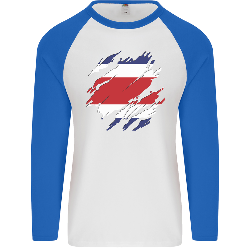 Torn Costa Rica Flag Rican Day Football Mens L/S Baseball T-Shirt White/Royal Blue