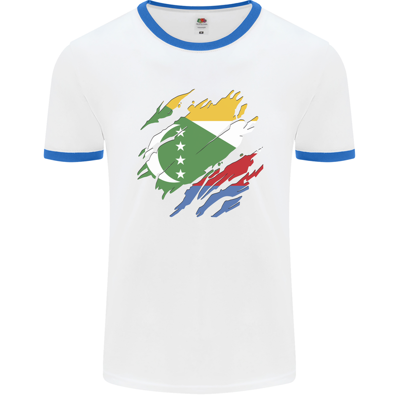 Torn Comoros Flag Comorian Day Football Mens Ringer T-Shirt White/Royal Blue