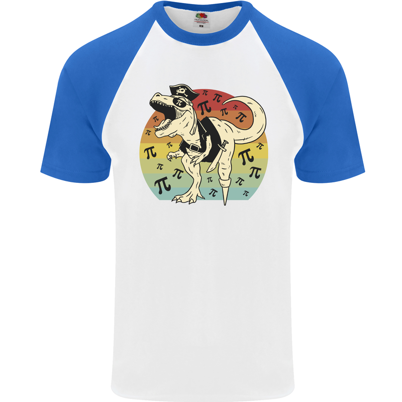 Pirate Pi T-Rex Funny Dinosaur Maths Mens S/S Baseball T-Shirt White/Royal Blue