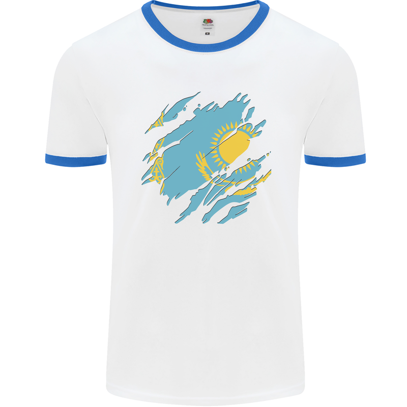 Torn Kazakhstan Flag Kazakh Day Football Mens Ringer T-Shirt White/Royal Blue