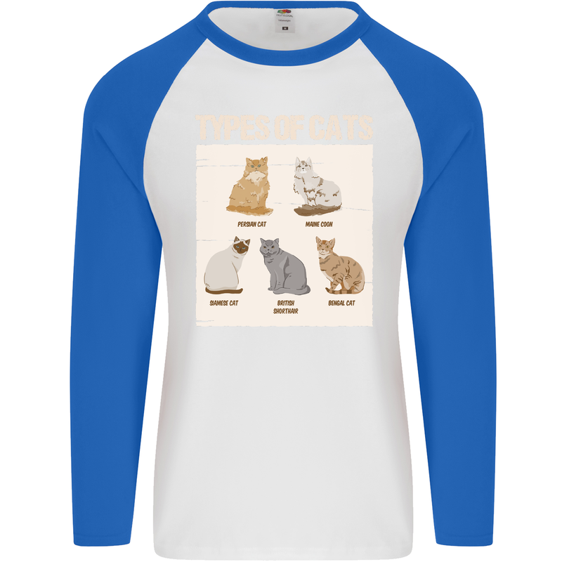 Types of Cat Persian Siamese British Bengal Mens L/S Baseball T-Shirt White/Royal Blue