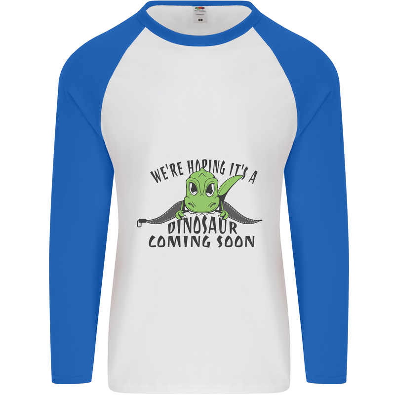 Dinosaur Coming Soon New Baby Pregnancy Pregnant Mens L/S Baseball T-Shirt White/Royal Blue