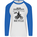 Cycling Never Underestimate Old Man Mens L/S Baseball T-Shirt White/Royal Blue