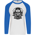 Apocalyptic Survival Skull Gamer Gaming Mens L/S Baseball T-Shirt White/Royal Blue