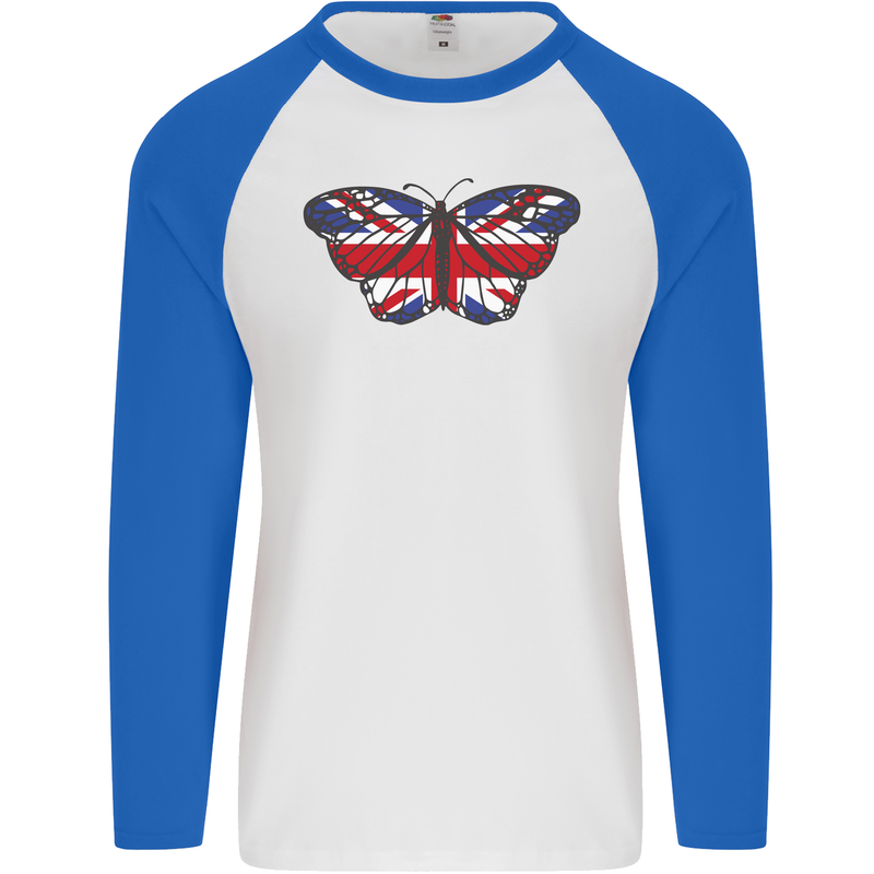 Union Jack Butterfly British Britain Flag Mens L/S Baseball T-Shirt White/Royal Blue