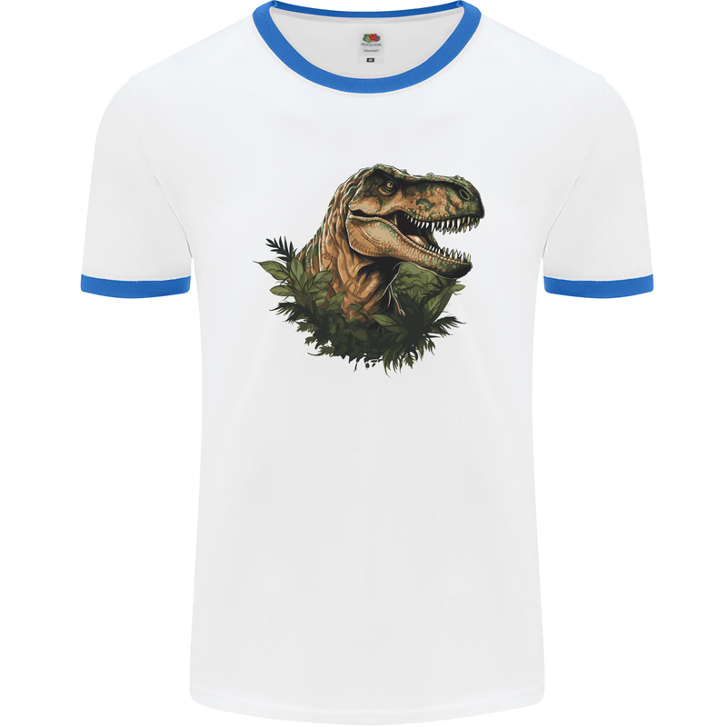 T-Rex Head in Foliage Dinosaur Mens Ringer T-Shirt White/Royal Blue