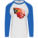 Curled East Timor Flag Day Football Mens L/S Baseball T-Shirt White/Royal Blue