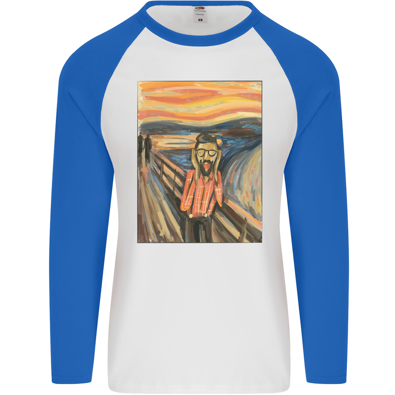 Hipster Scream Painting Mens L/S Baseball T-Shirt White/Royal Blue