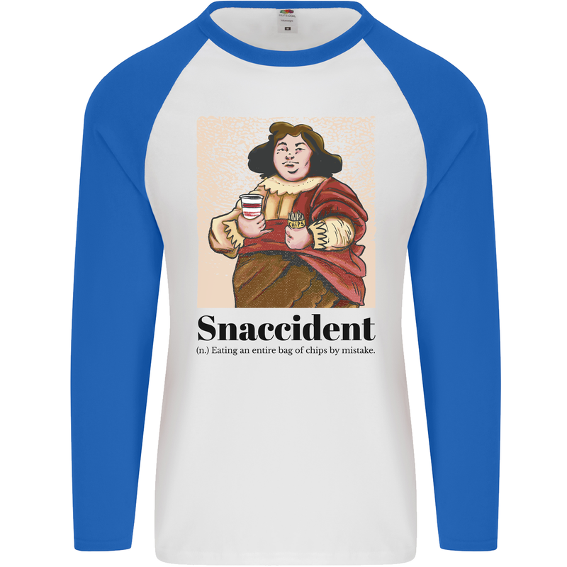 Snaccident Funny Junk Food Diet Weight Loss Mens L/S Baseball T-Shirt White/Royal Blue