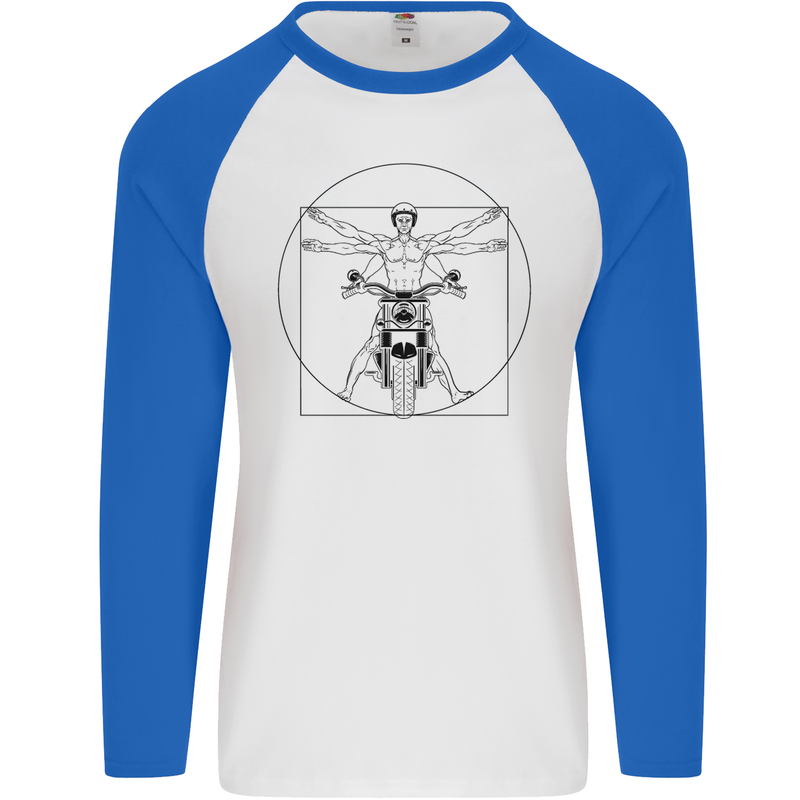 Vitruvian Biker Motorcycle Motorbike Mens L/S Baseball T-Shirt White/Royal Blue