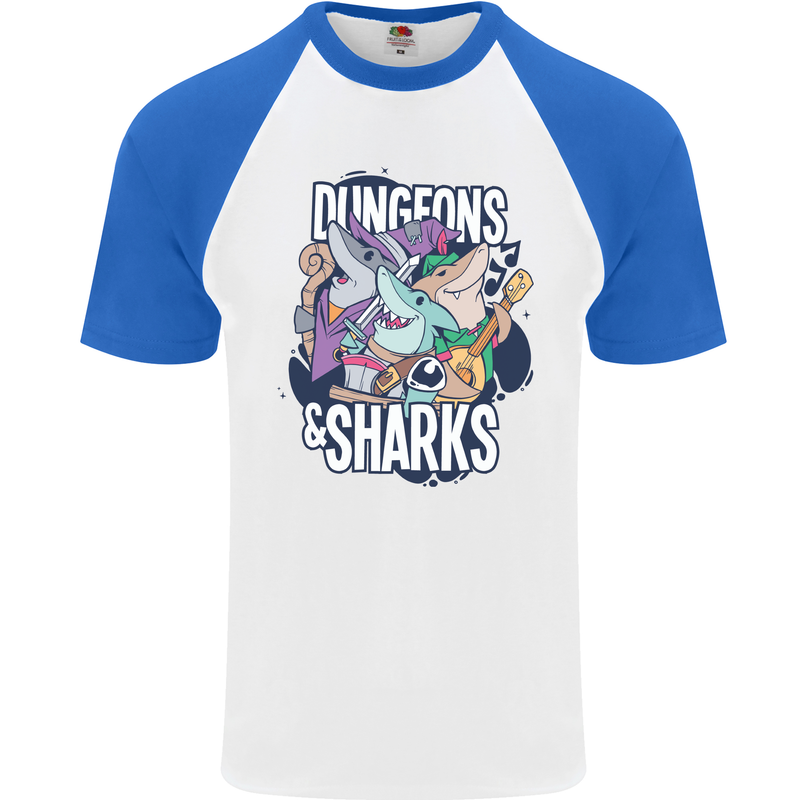 Dungeons & Sharks Role Play Games RPG Mens S/S Baseball T-Shirt White/Royal Blue