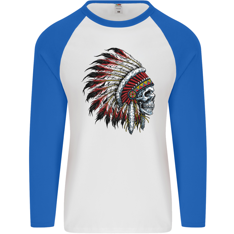 Indian Skull Headdress Biker Motorbike Mens L/S Baseball T-Shirt White/Royal Blue