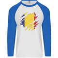 Torn Romania Flag Romanian Day Football Mens L/S Baseball T-Shirt White/Royal Blue