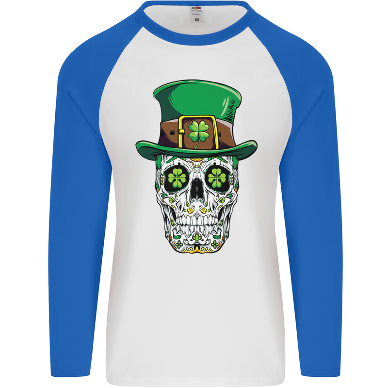 St Patricks Day of the Dead Sugar Skull Mens L/S Baseball T-Shirt White/Royal Blue