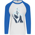 Megalodon v Great White Shark v Scuba Diver Mens L/S Baseball T-Shirt White/Royal Blue