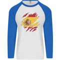 Torn Spain Flag Spanish Day Football Mens L/S Baseball T-Shirt White/Royal Blue