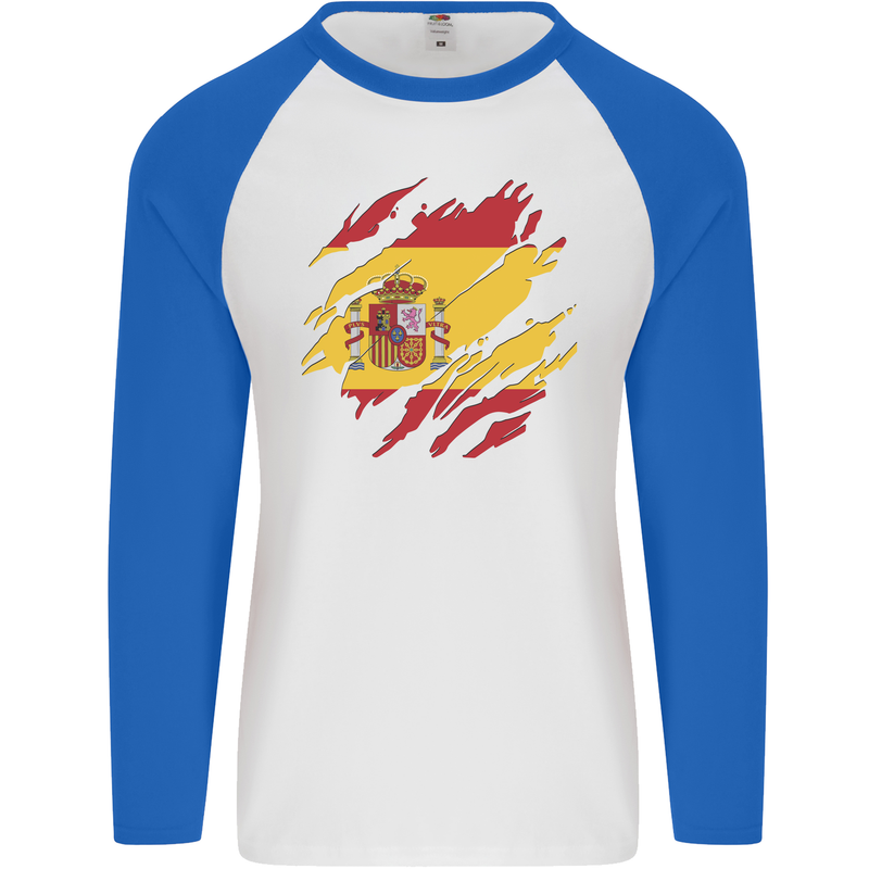 Torn Spain Flag Spanish Day Football Mens L/S Baseball T-Shirt White/Royal Blue