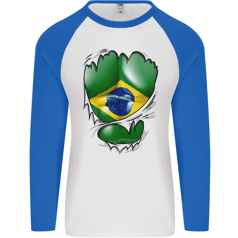 Gym Brazilian Flag Ripped Muscles Brazil Mens L/S Baseball T-Shirt White/Royal Blue