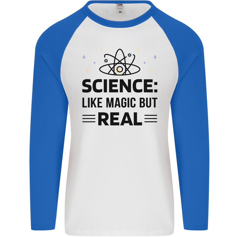 Science Like Magic But Real Funny Geek Nerd Mens L/S Baseball T-Shirt White/Royal Blue