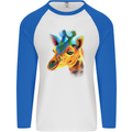 A Giraffe Watercolour Mens L/S Baseball T-Shirt White/Royal Blue