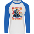 No Coffee No Work Funny Skull Grim Reaper Mens L/S Baseball T-Shirt White/Royal Blue