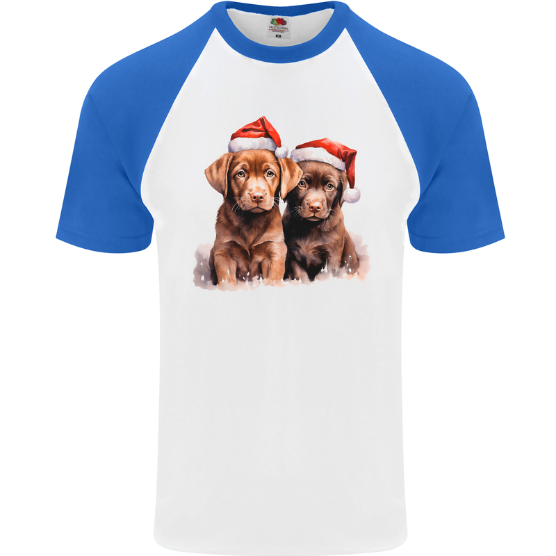 Chocolate Labrador Christmas Puppies Xmas Mens S/S Baseball T-Shirt White/Royal Blue