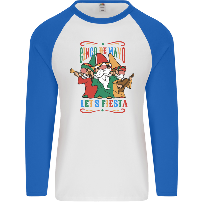 Cinco De Mayo Lets Fiesta Funny Gnomes Mens L/S Baseball T-Shirt White/Royal Blue