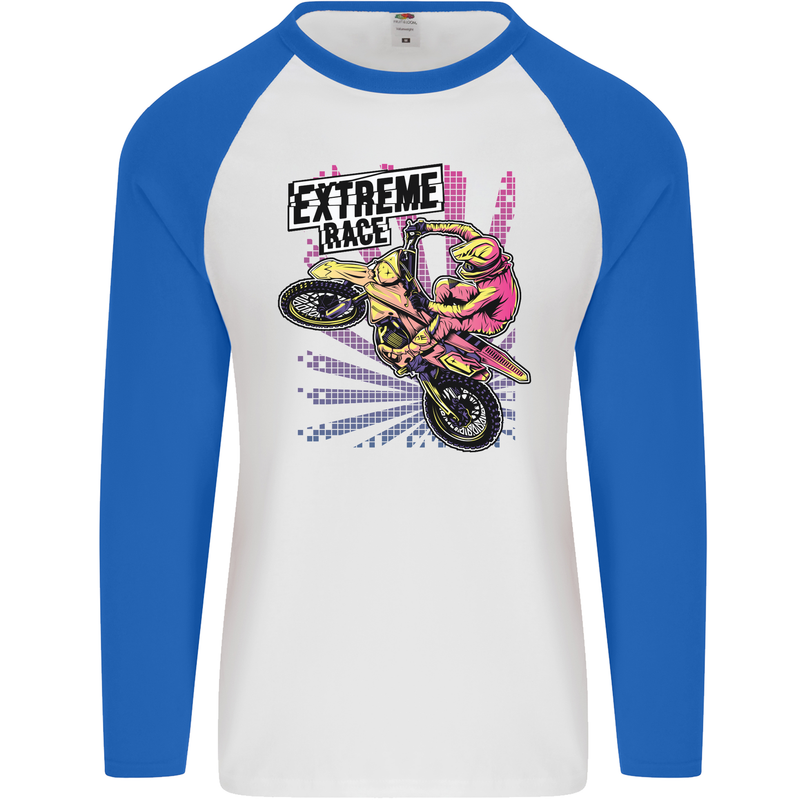 Extreme Race Motocross Dirt Bike Motorbike Mens L/S Baseball T-Shirt White/Royal Blue