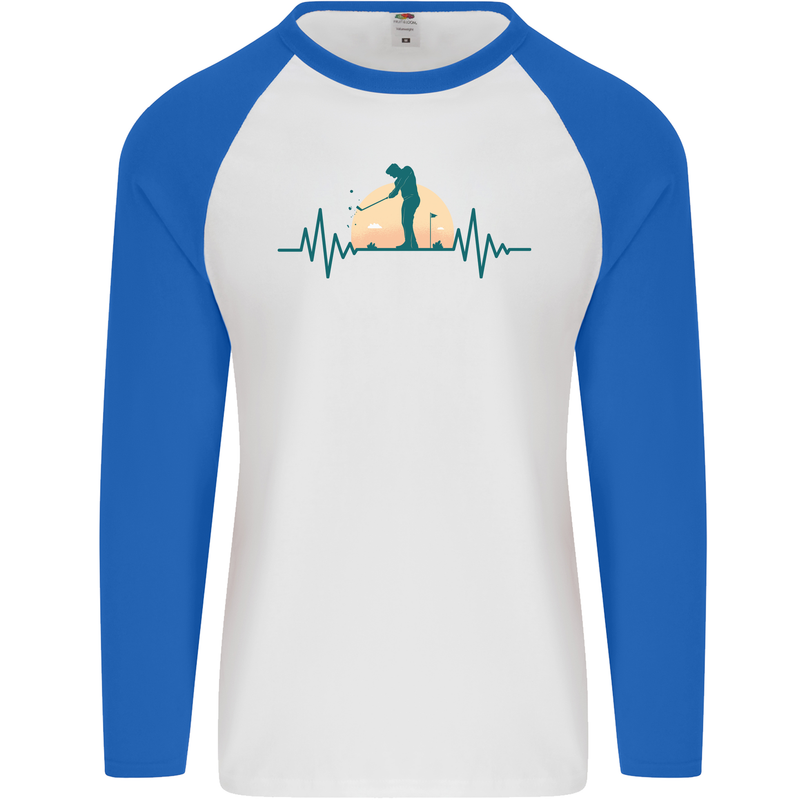 Golf Heartbeat Pulse Mens L/S Baseball T-Shirt White/Royal Blue