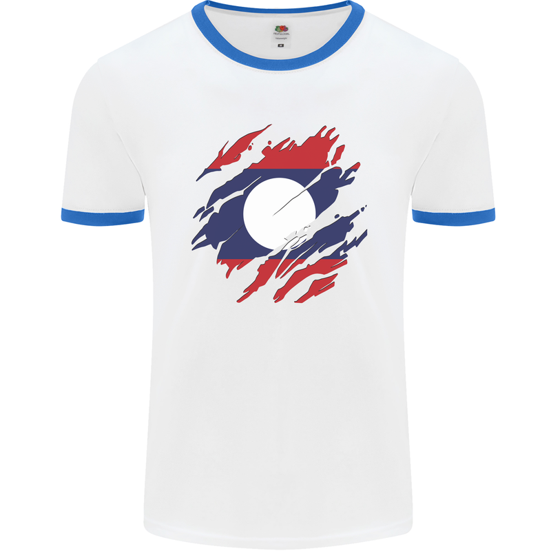 Torn Laos Flag Laotian Day Football Mens Ringer T-Shirt White/Royal Blue