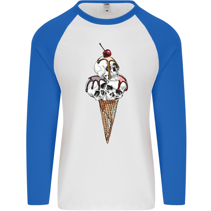 Ice Cream Skull Mens L/S Baseball T-Shirt White/Royal Blue